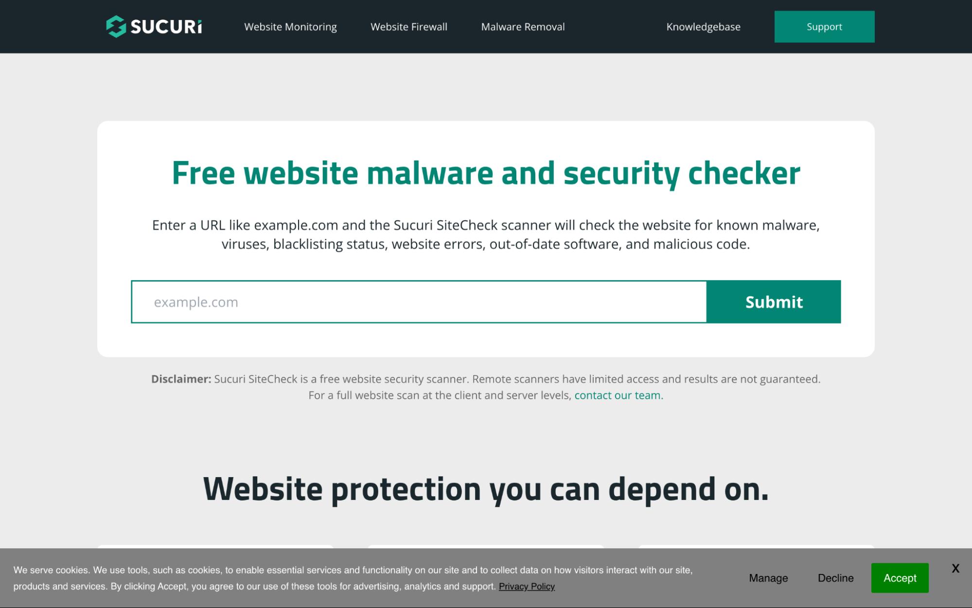 Sucuri SiteCheck page with website malware scanner, URL input field, and submit button to check security and blacklist status.