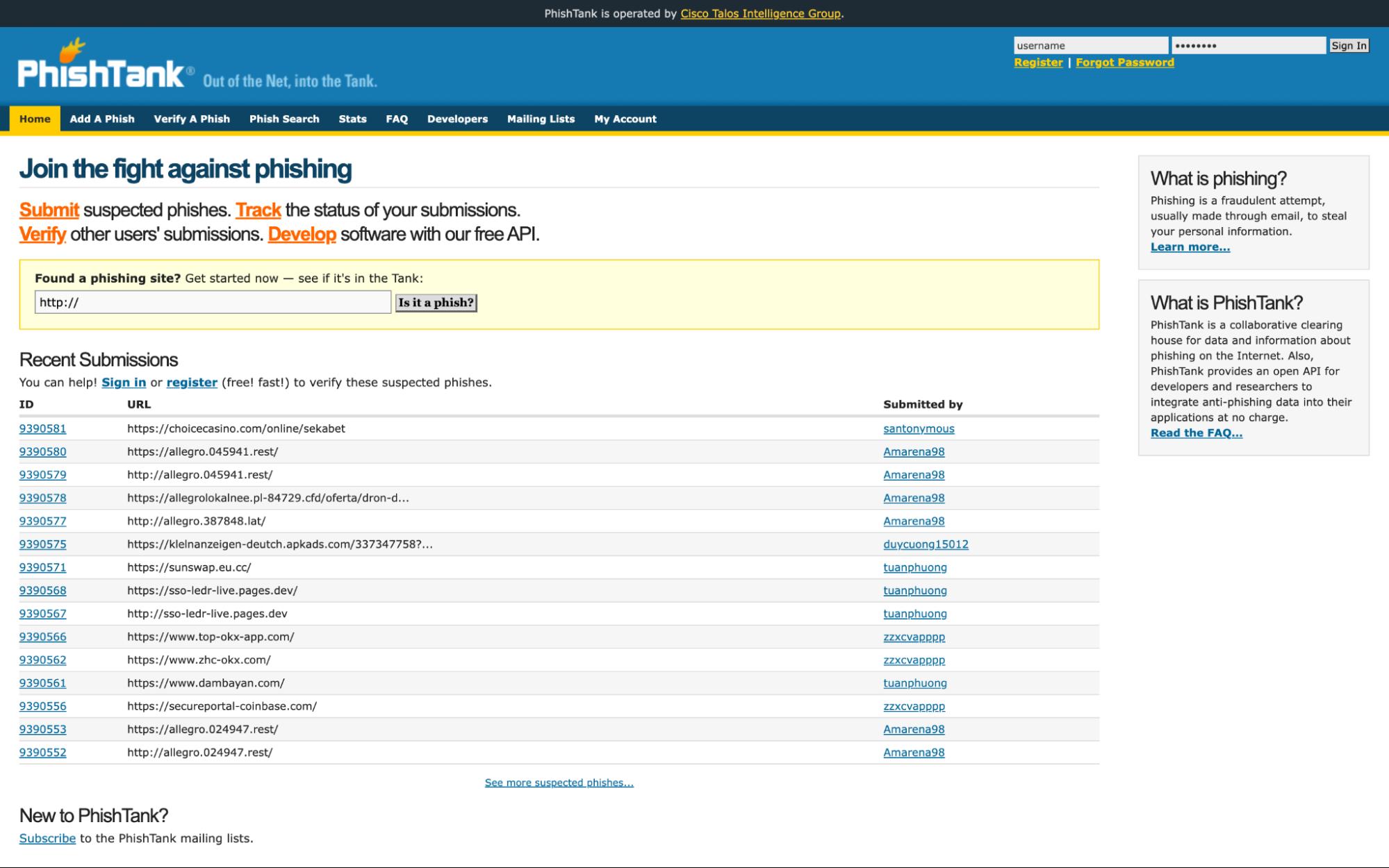 PhishTank site showing phishing lookup tool, submission options, and list of recent suspected phishing URLs.