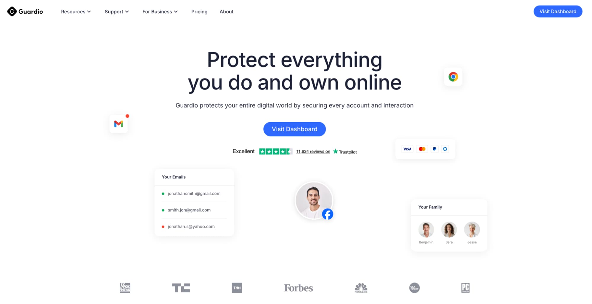 Guardio homepage with headline “Protect everything you do and own online,” dashboard preview, email alerts, family profiles, and Trustpilot rating
