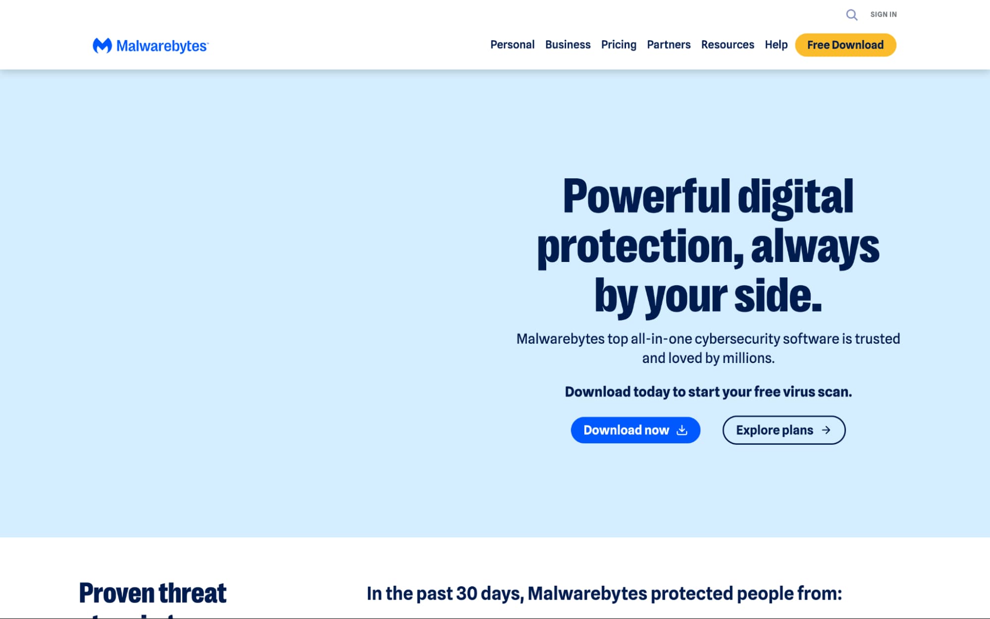 Malwarebytes homepage with “Powerful digital protection” headline, free download CTA, navigation menu, and cybersecurity product messaging