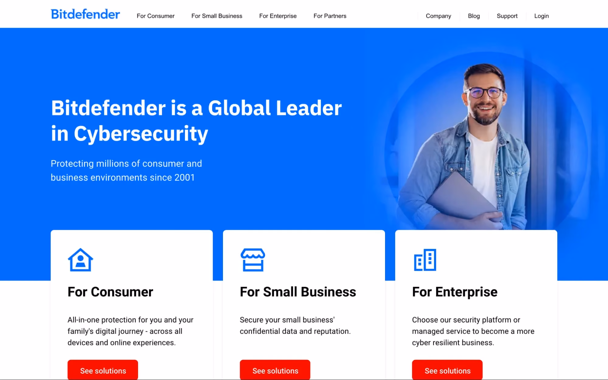 Bitdefender homepage with cybersecurity leadership headline, navigation menu, user image, and solutions for consumers, small business, and enterprise