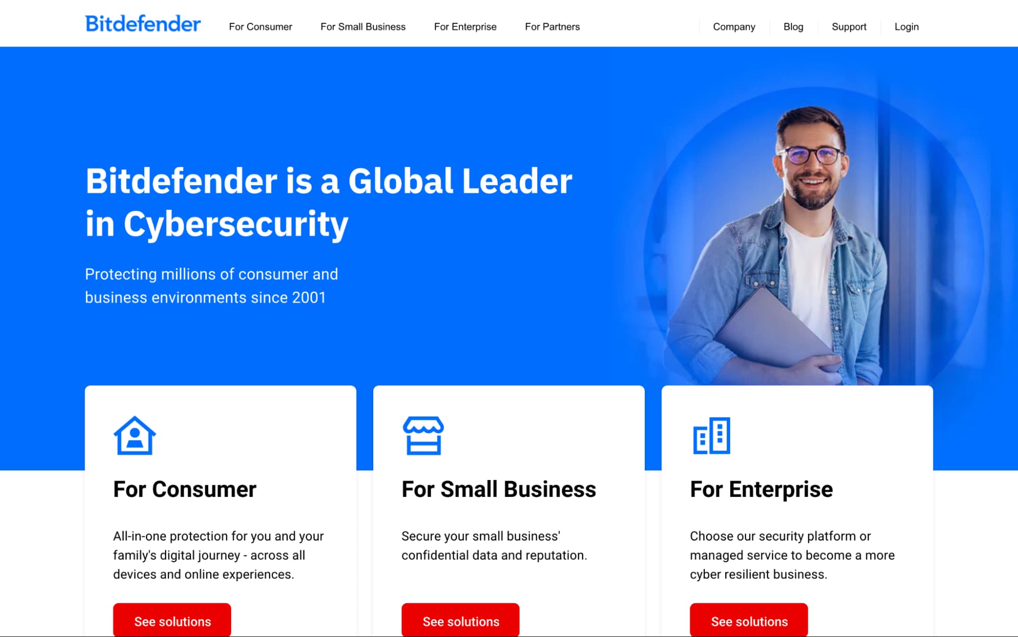 Bitdefender homepage with cybersecurity leadership headline, navigation menu, user image, and solutions for consumers, small business, and enterprise