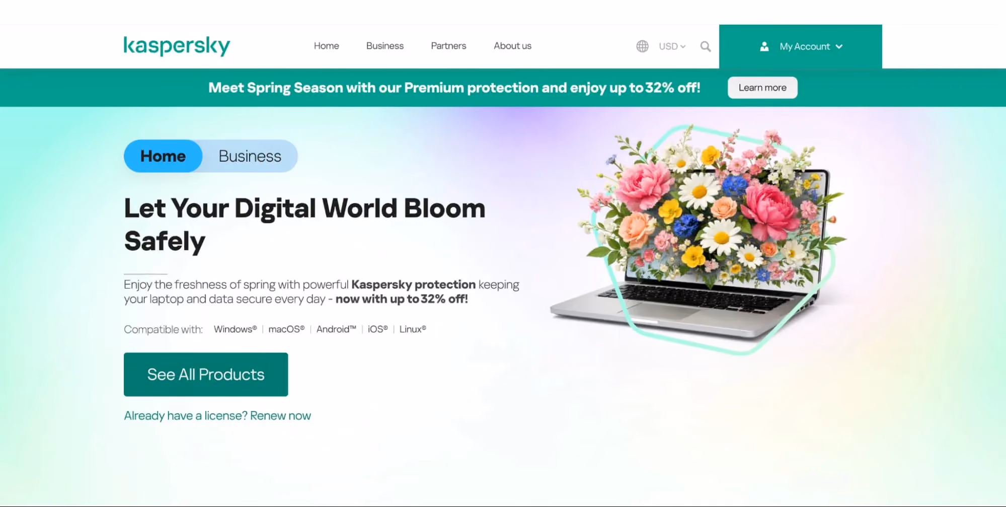 Kaspersky homepage with “Let Your Digital World Bloom Safely” headline, spring promo banner, and product CTA.