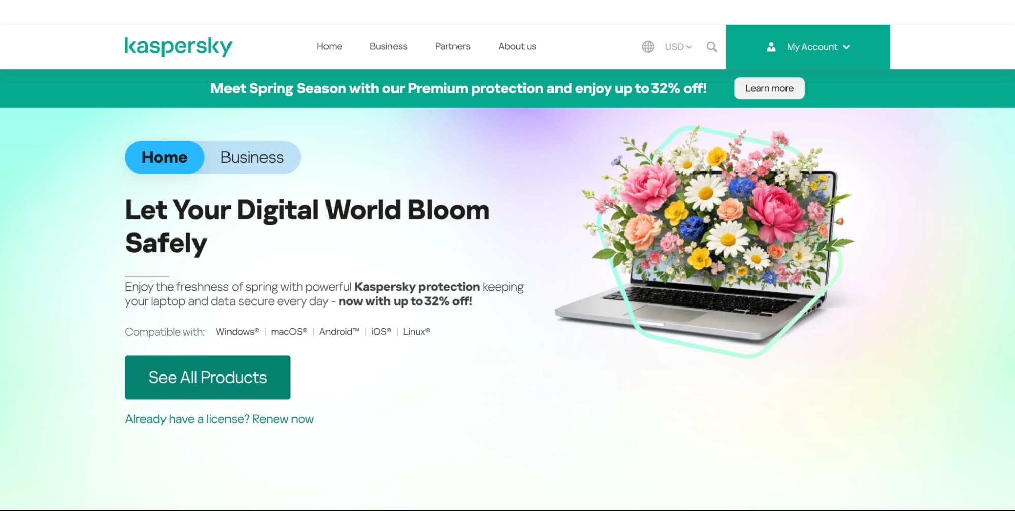 Kaspersky homepage with “Let Your Digital World Bloom Safely” headline, spring promo banner, and product CTA.