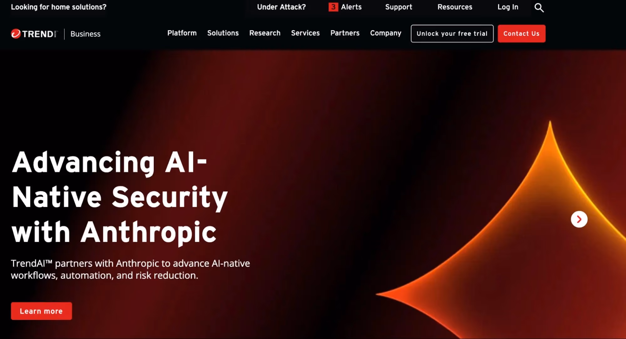 Trend Micro homepage with “Advancing AI-Native Security with Anthropic” headline, dark red design, navigation menu, and Learn more CTA.