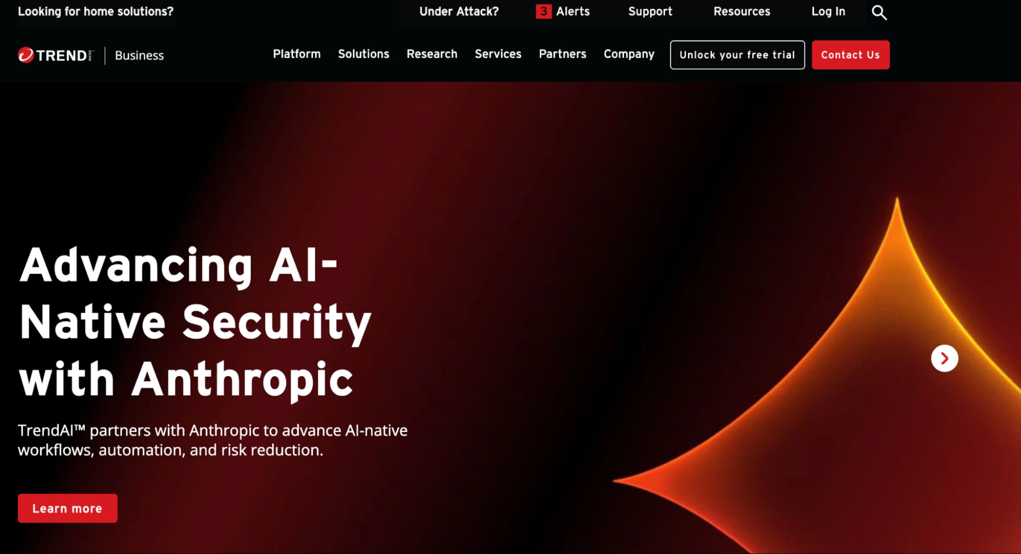 Trend Micro homepage with “Advancing AI-Native Security with Anthropic” headline, dark red design, navigation menu, and Learn more CTA.