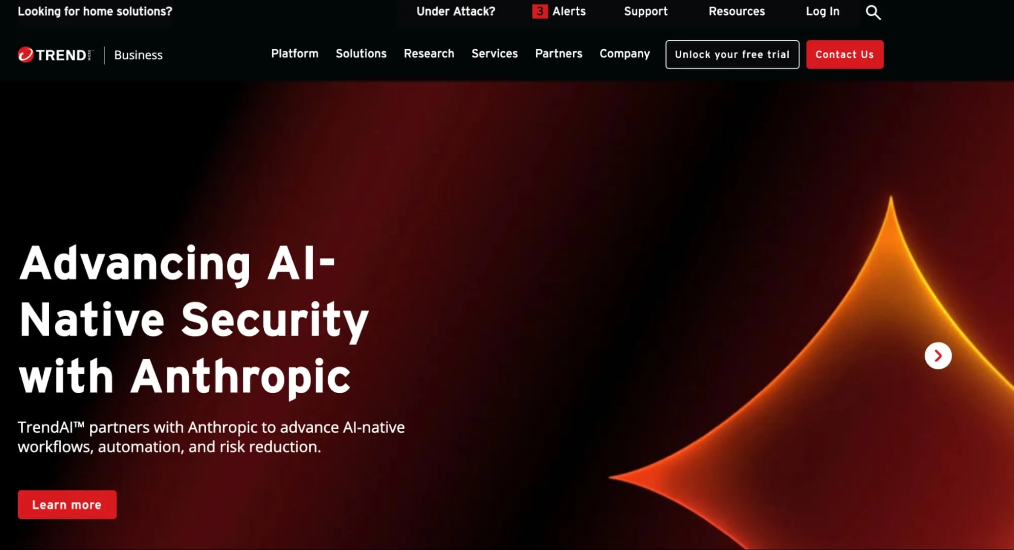 Trend Micro homepage with “Advancing AI-Native Security with Anthropic” headline, dark red design, navigation menu, and Learn more CTA.