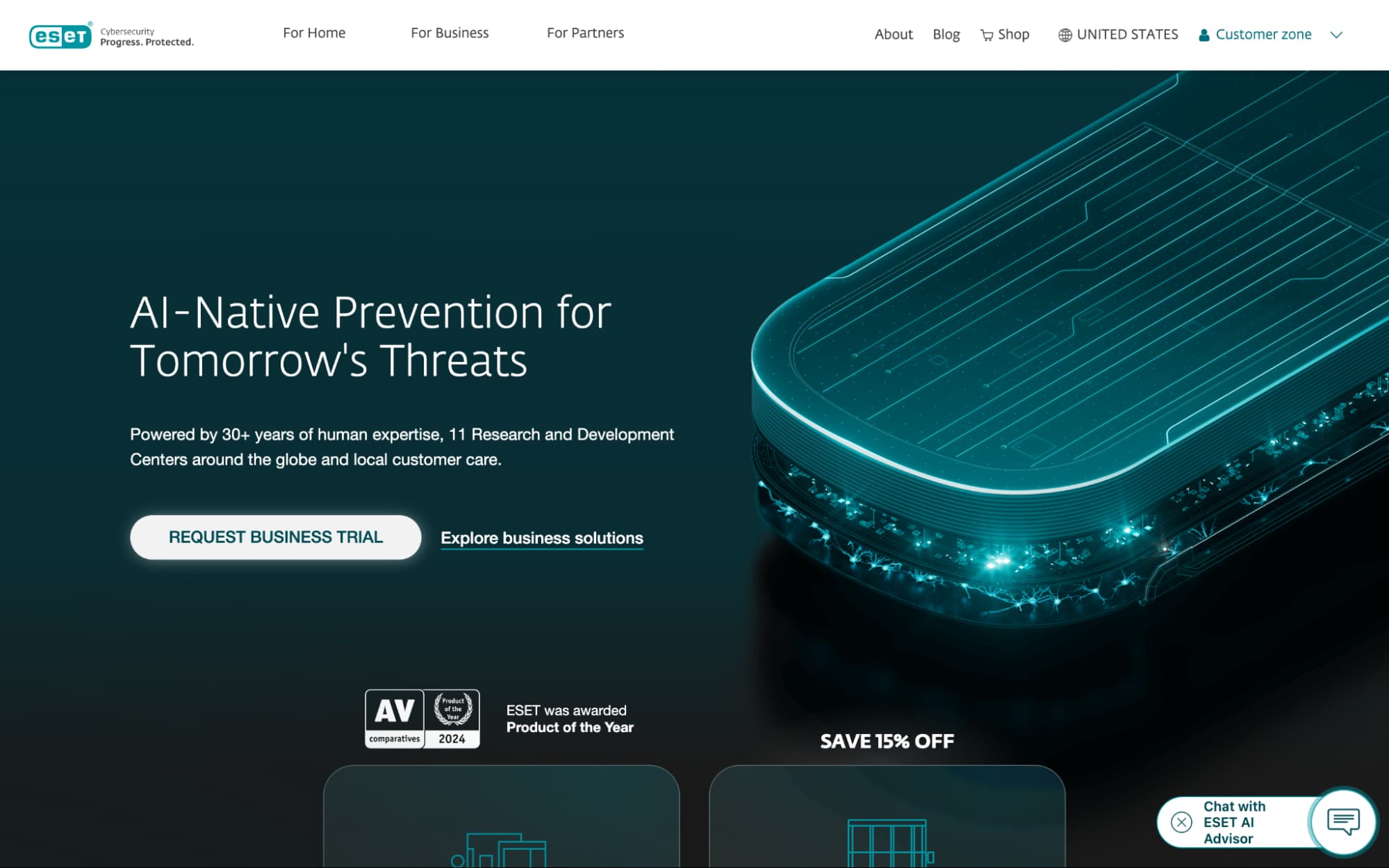 ESET homepage with “AI-Native Prevention for Tomorrow’s Threats” headline, and a business trial CTA.