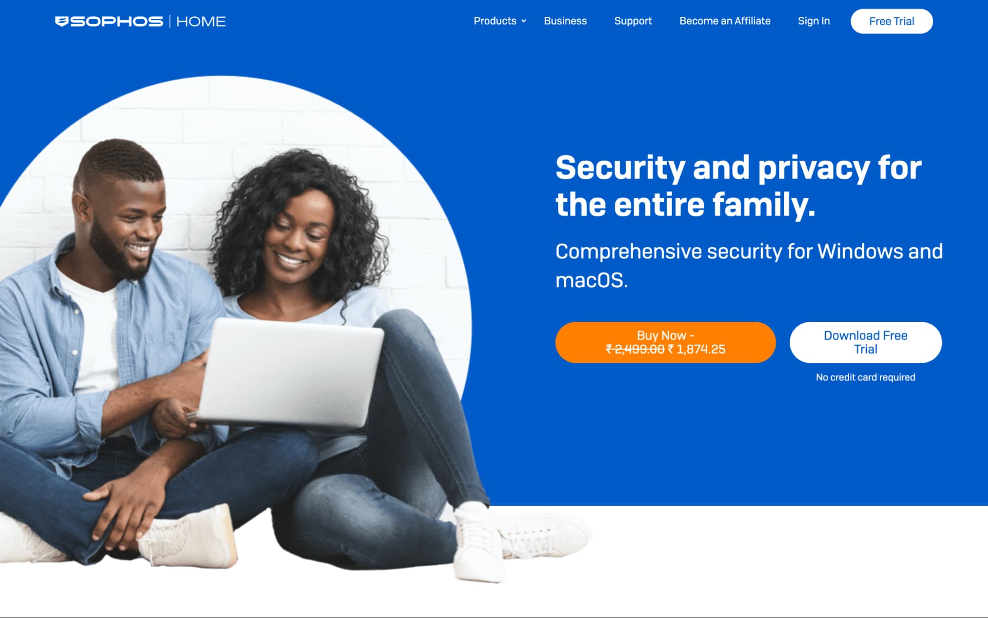 Sophos Home page with “Security and privacy for the entire family” headline, and buy/download free trial CTAs.