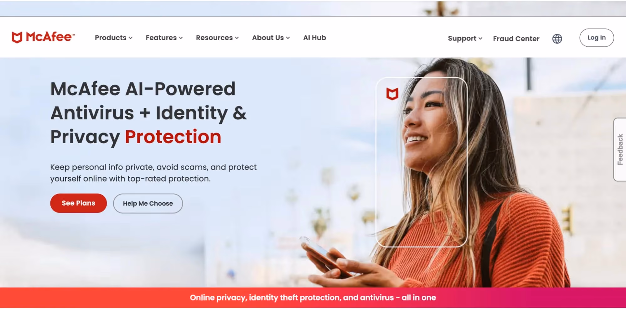 McAfee homepage with AI-powered antivirus and privacy protection headline, and plan selection CTAs