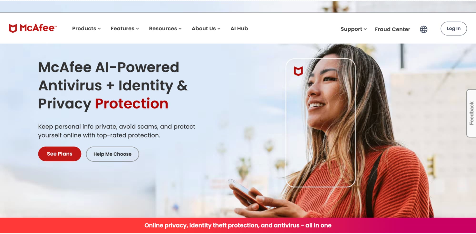 McAfee homepage with AI-powered antivirus and privacy protection headline, and plan selection CTAs