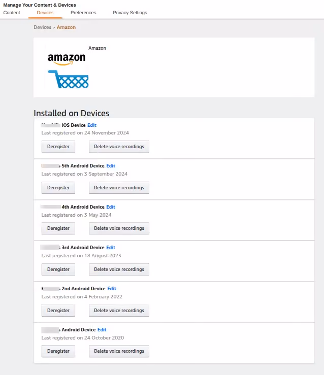 Checking all the logged-in devices in the Amazon account.