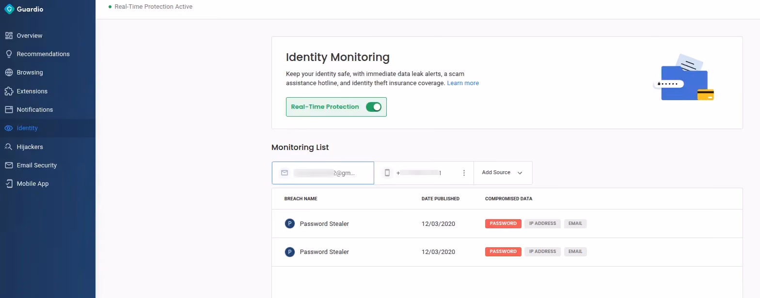 Scanning for Leaked Passwords on Dark Web by Guardio’s Dashboard.