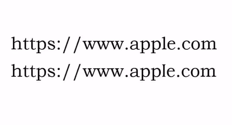Side-by-side apple.com URLs showing how a homoglyph swap creates a spoofed domain look identical to the real one.