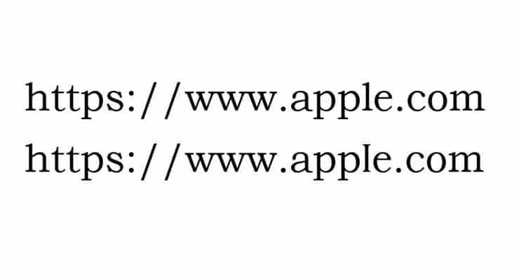 Side-by-side apple.com URLs showing how a homoglyph swap creates a spoofed domain look identical to the real one.