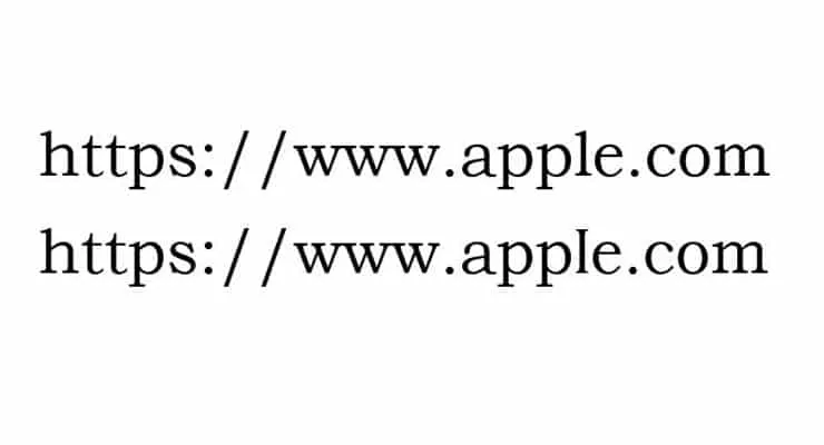 Side-by-side apple.com URLs showing how a homoglyph swap creates a spoofed domain look identical to the real one.