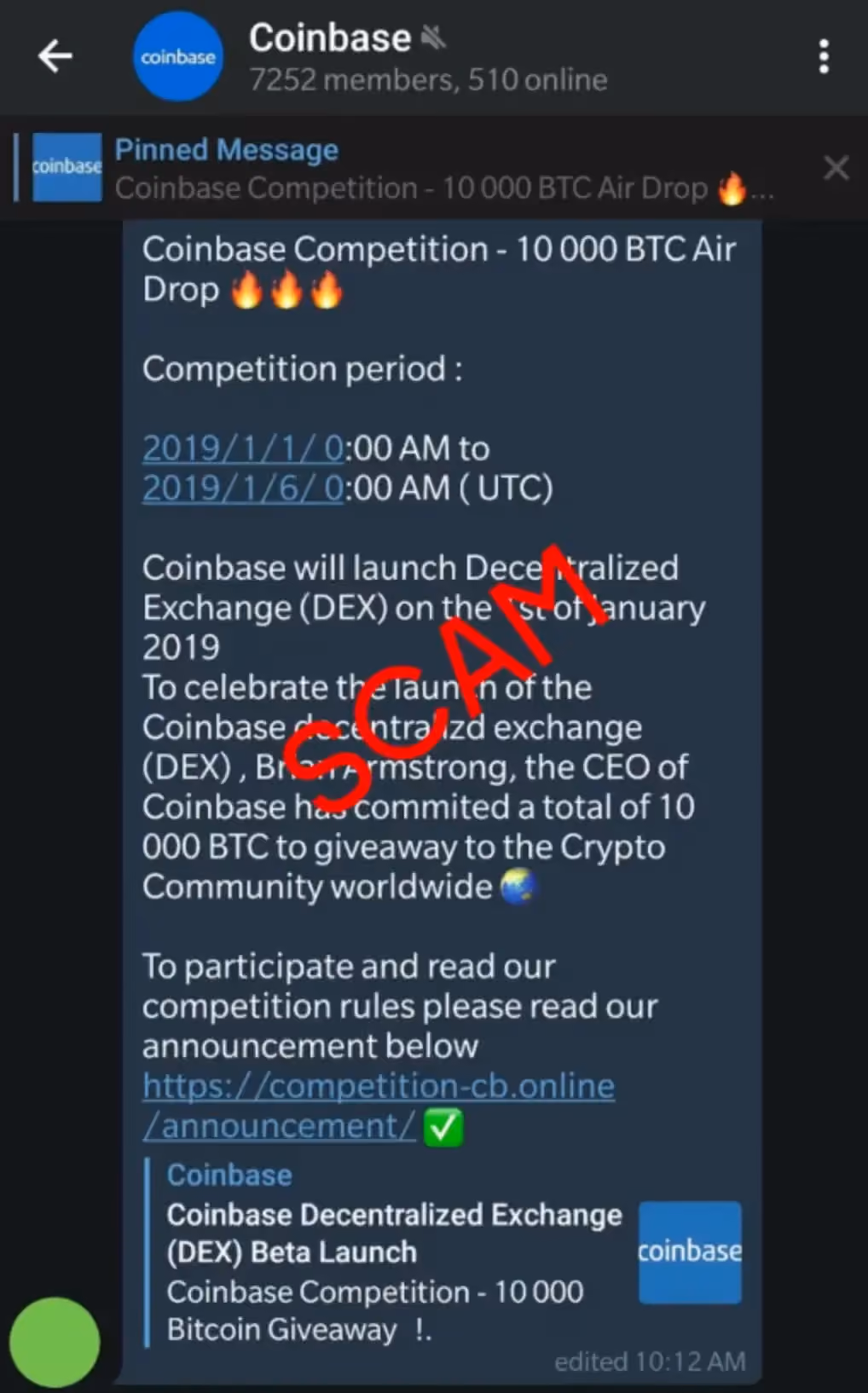 Telegram giveaway scam using pinned messages, urgency, and impersonated branding to spread malicious links and lure users into fraudulent Bitcoin airdrops