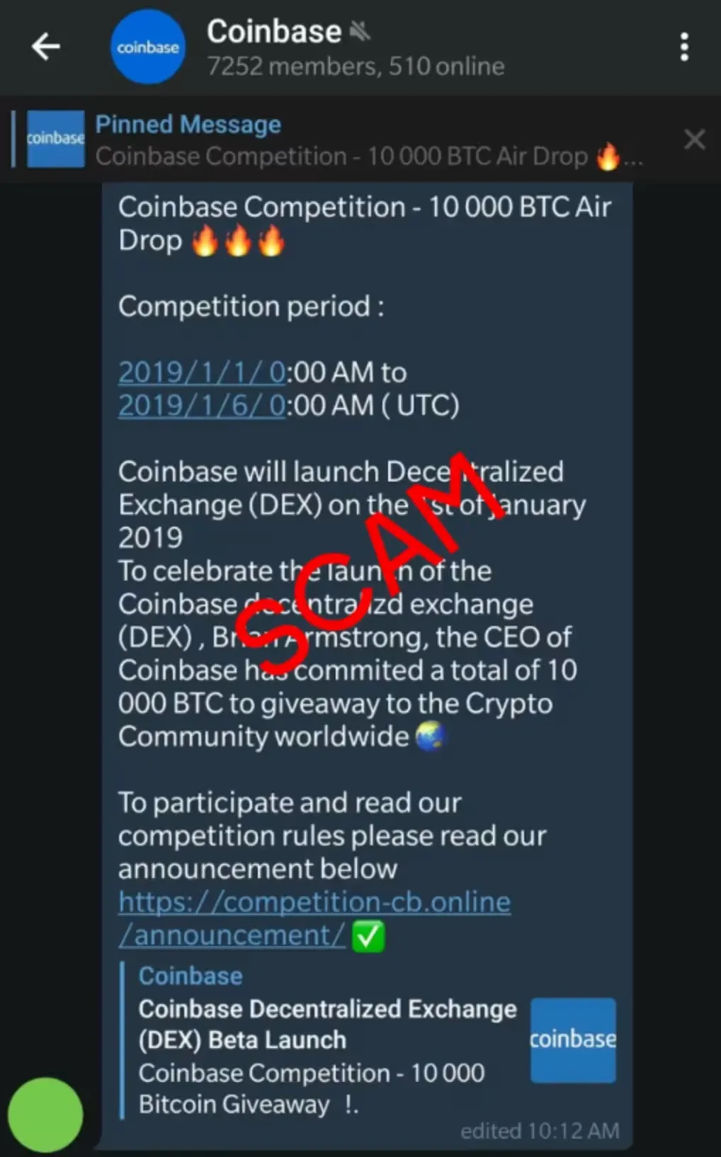 Telegram giveaway scam using pinned messages, urgency, and impersonated branding to spread malicious links and lure users into fraudulent Bitcoin airdrops