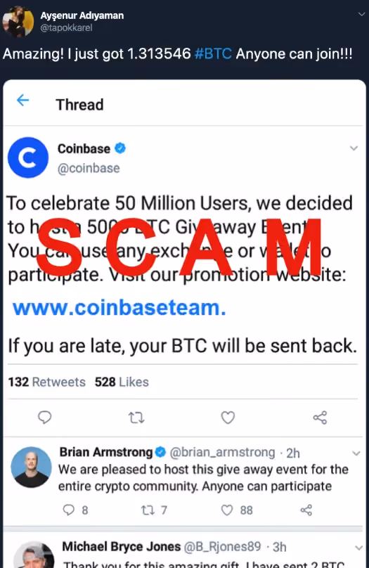 Fake Coinbase giveaway scam image on social media, warning users that screenshots, replies, and endorsements can be forged to promote fraudulent Bitcoin transfer offers.‍