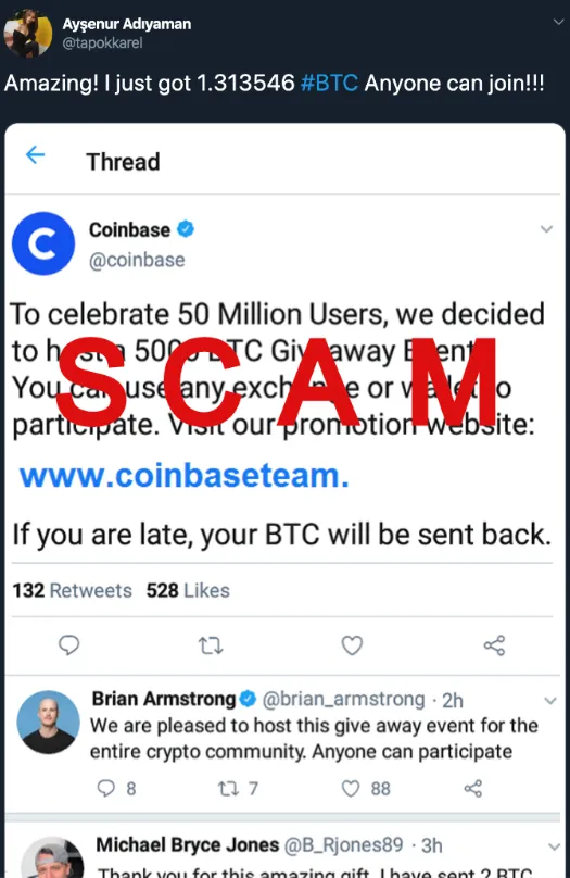 Fake Coinbase giveaway scam image on social media, warning users that screenshots, replies, and endorsements can be forged to promote fraudulent Bitcoin transfer offers.