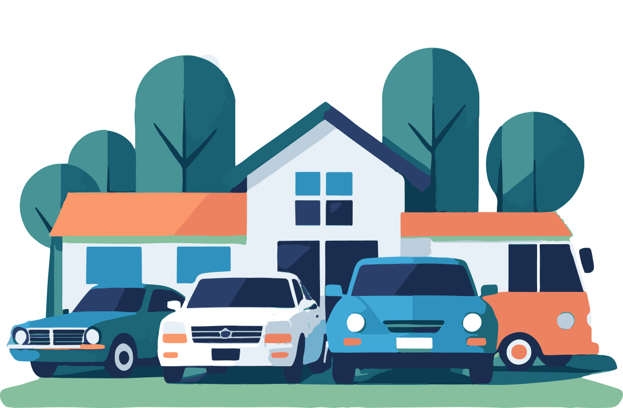 Vibrant illustration of cars in front of a house, framed by trees and clouds