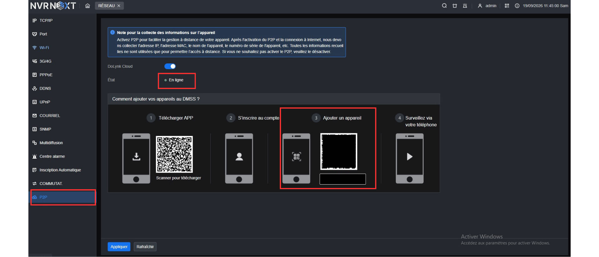 Menu P2P du NVR Dahua avec statut En ligne et QR code
