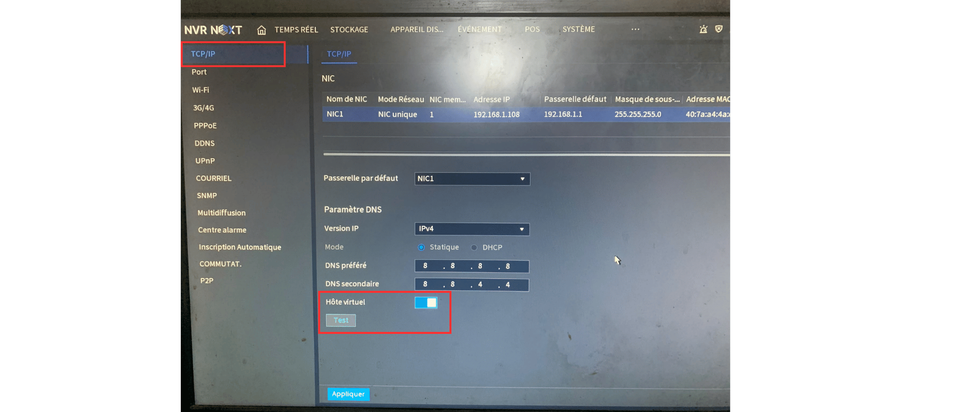 Menu TCP/IP du NVR Dahua : passerelle et DNS configurés