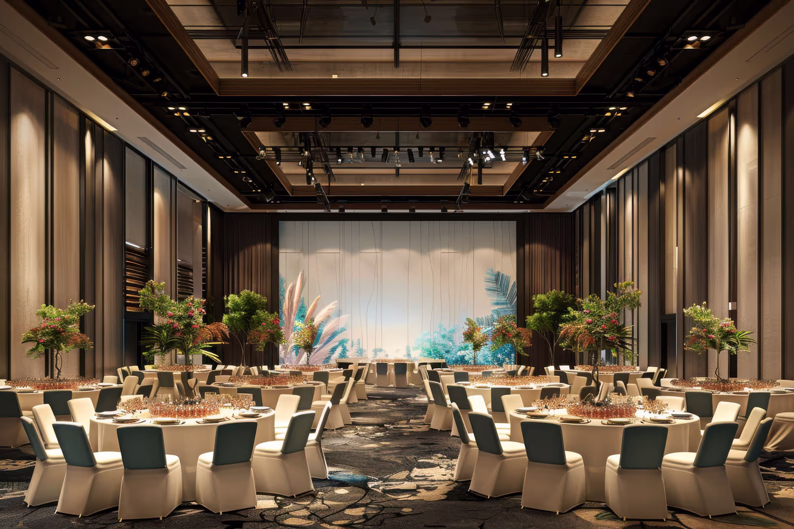 A large banquet hall with tables and chairs