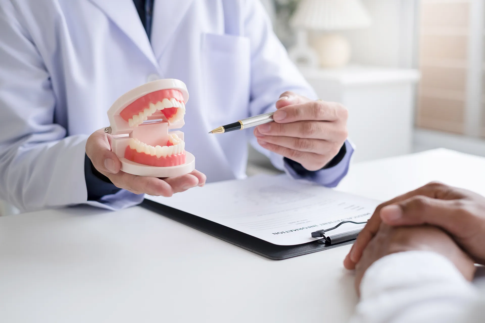 Dentist demonstrating on teeth model to patient