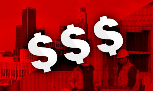 Picture of Los Angeles skyline and construction works with red overlay and dollar signs.