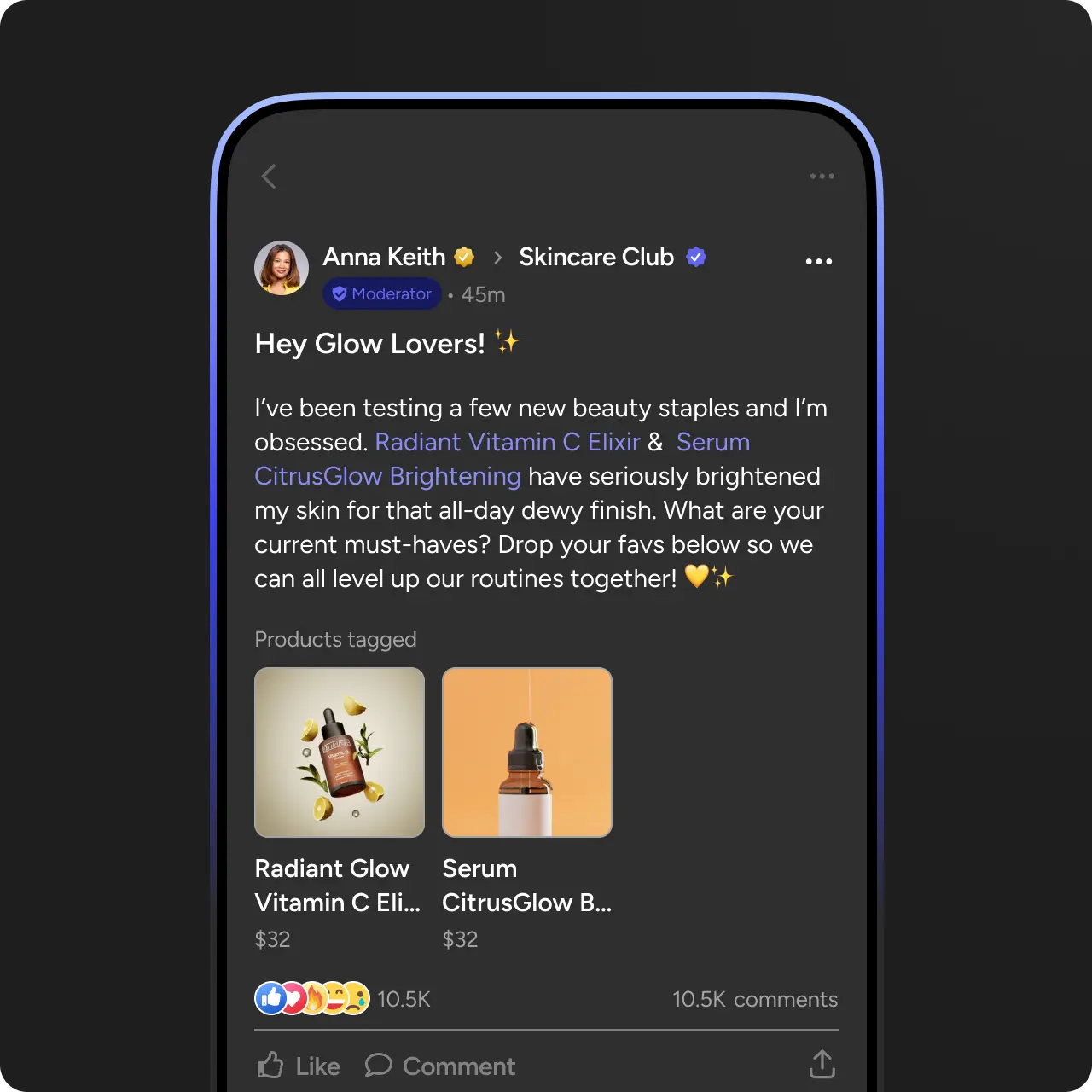 A social network post containing products that can be bought via the links