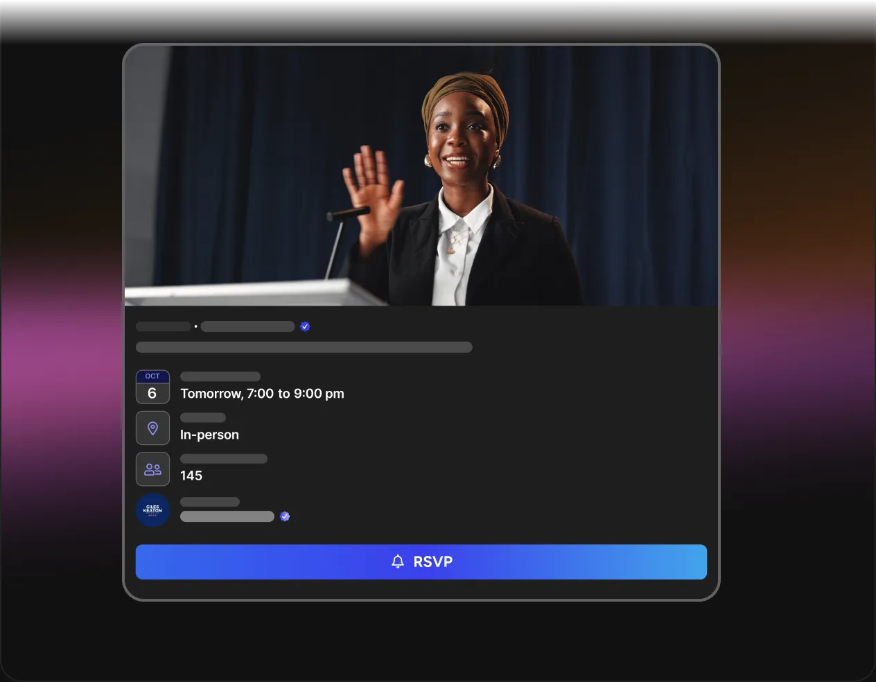Events component preview: in-app event page with RSVP
