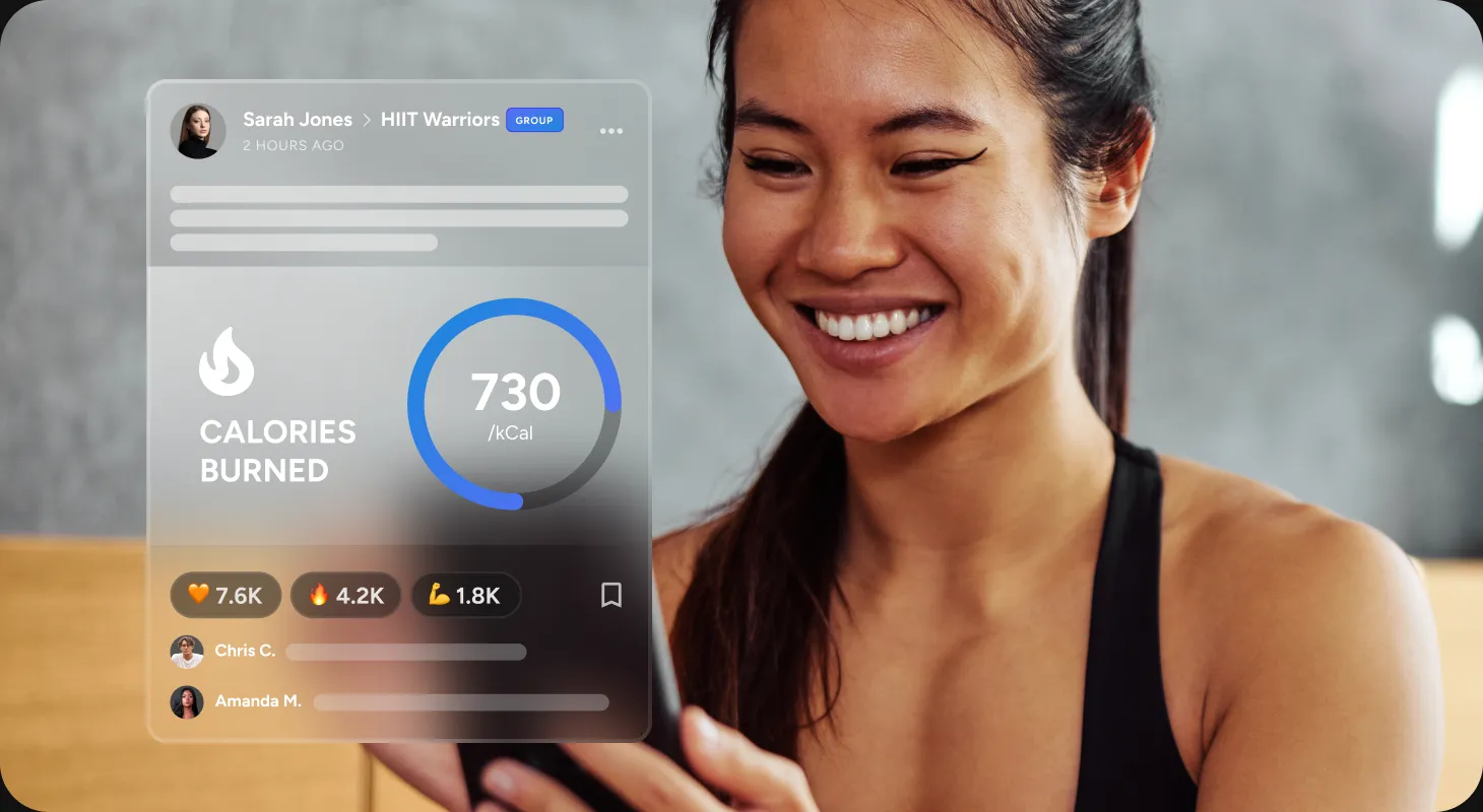 Fitness app feed with a member post showing calories burned, reactions, and comments