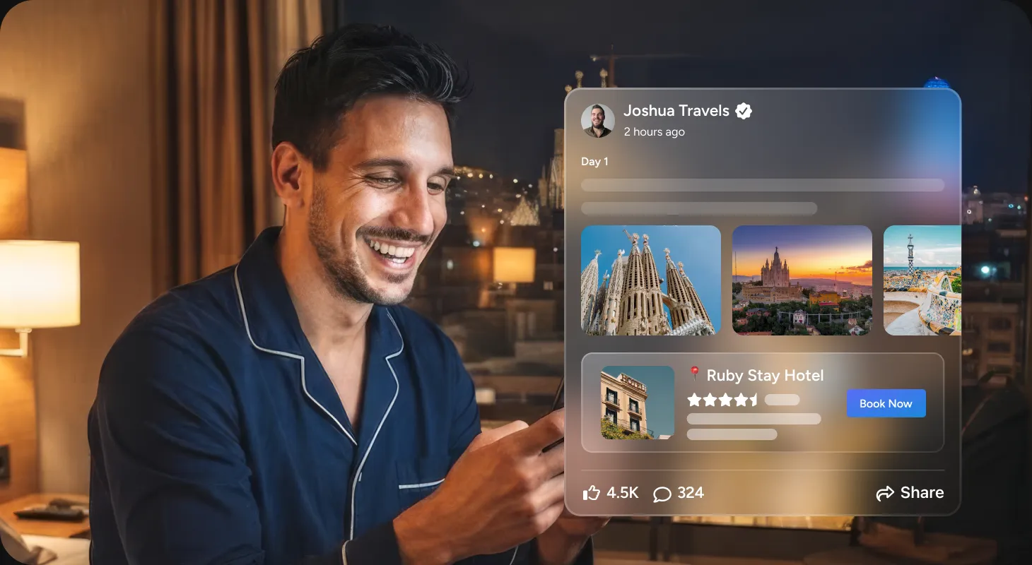 Travel app itinerary post with hotel tag, reactions, and book now button