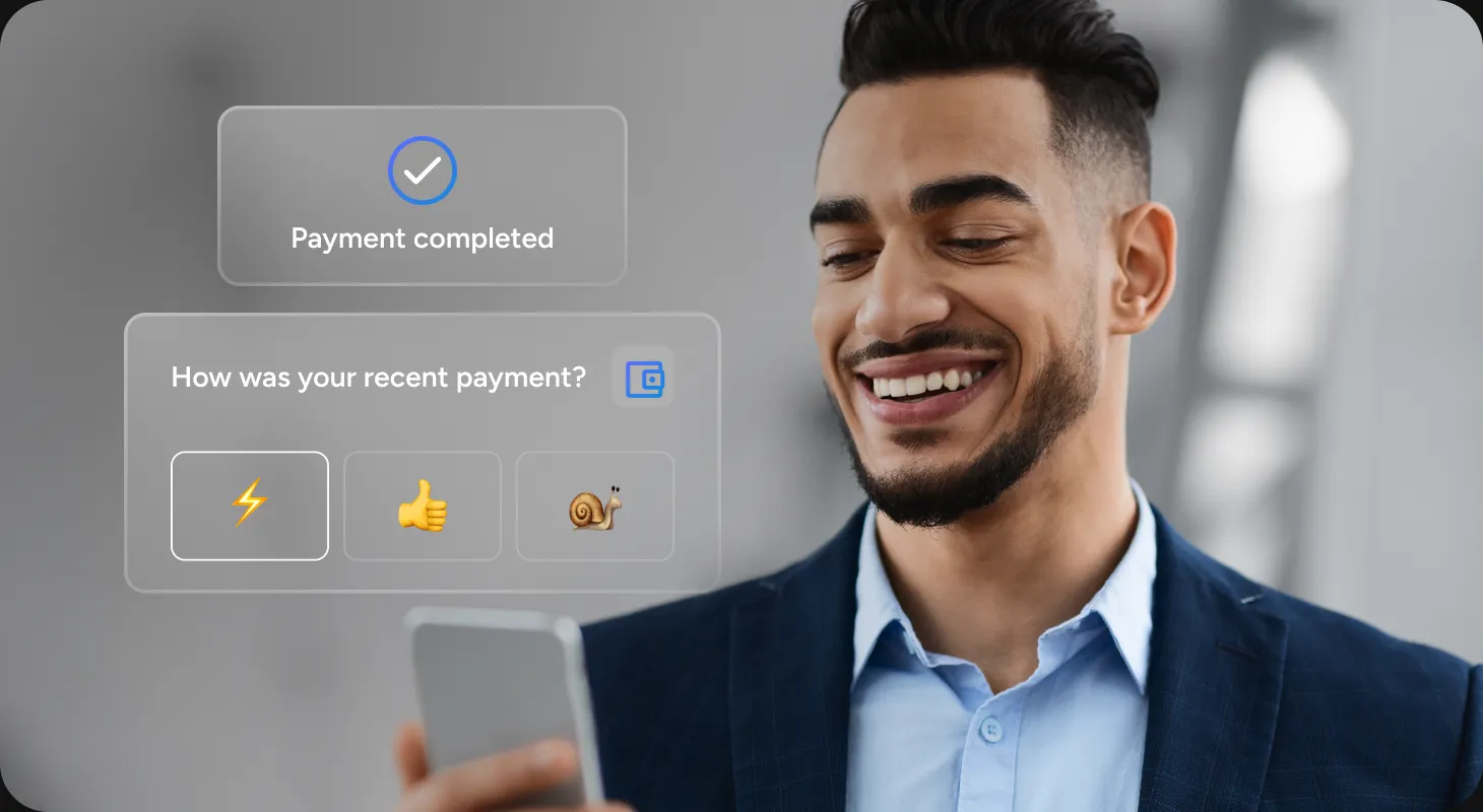 Fintech app payment confirmation with one-tap rating emojis