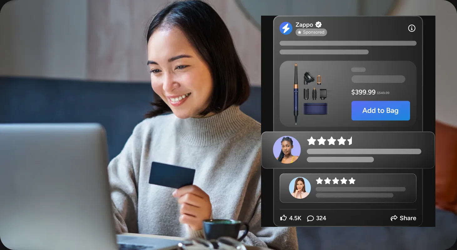 Retail app product page with shoppable post, price, and add to bag button