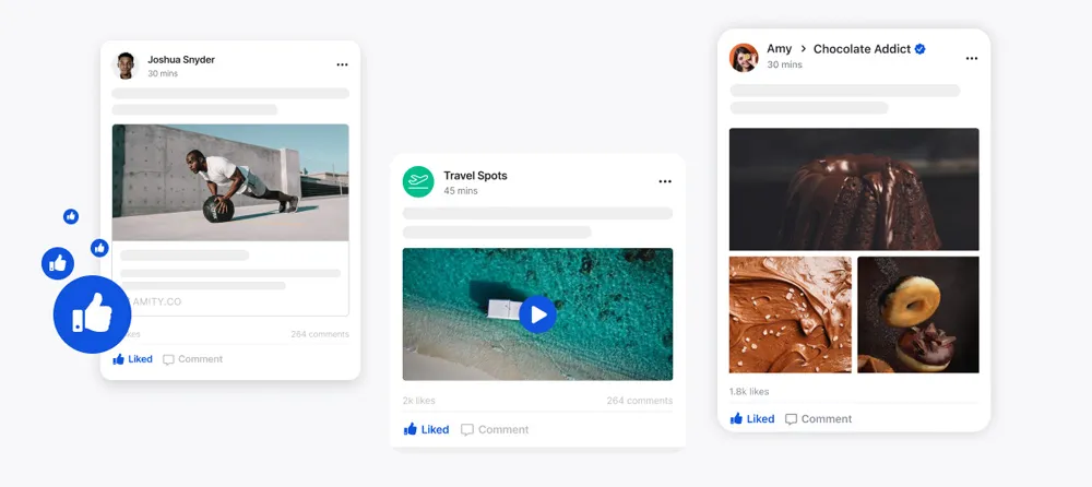 An in-app social feed sharing images, video and audio clips