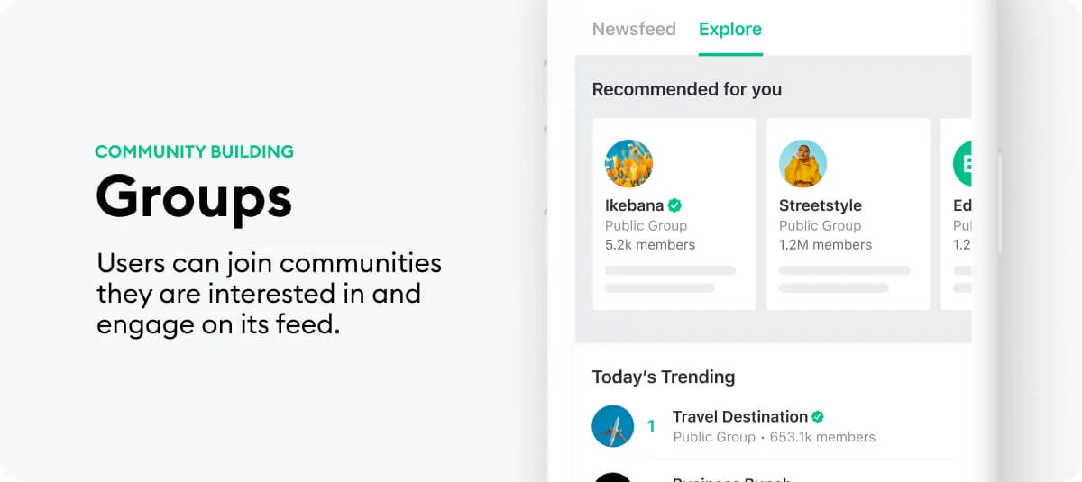 Community building with groups: users can join communities and engage on its feed