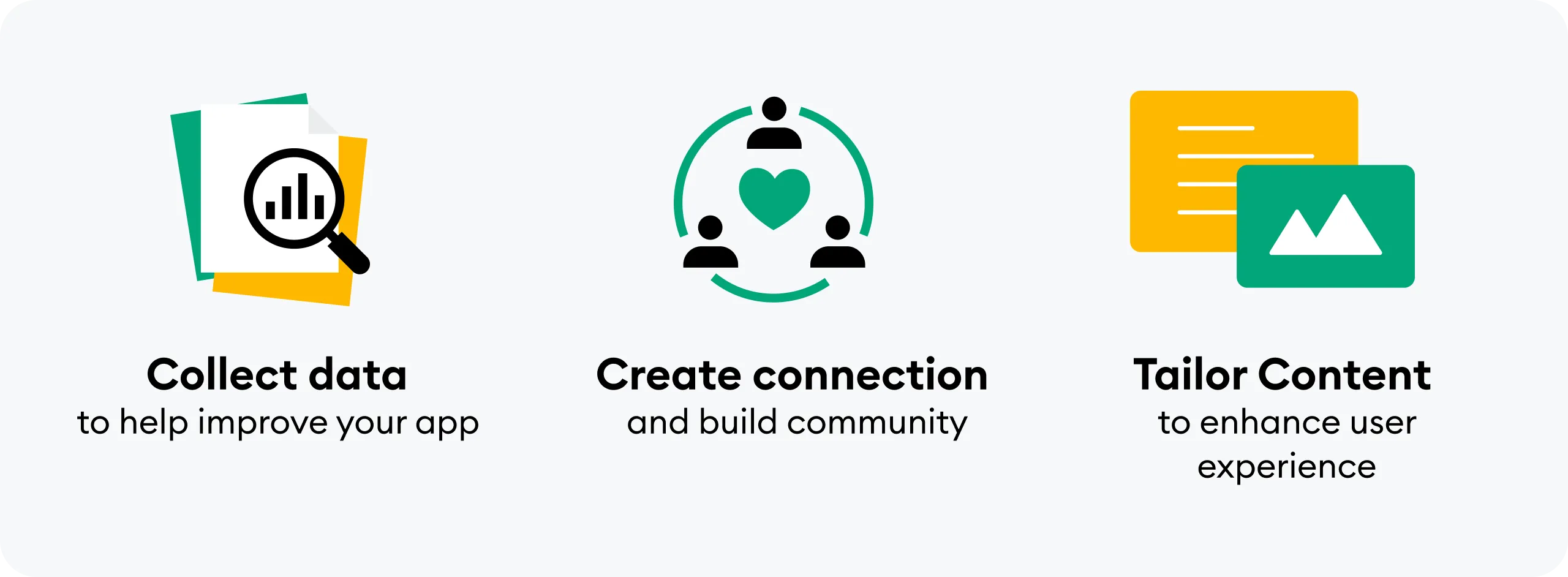 Collect data to help improve app, Create connection and build community, Tailor content to enhance user experiencea