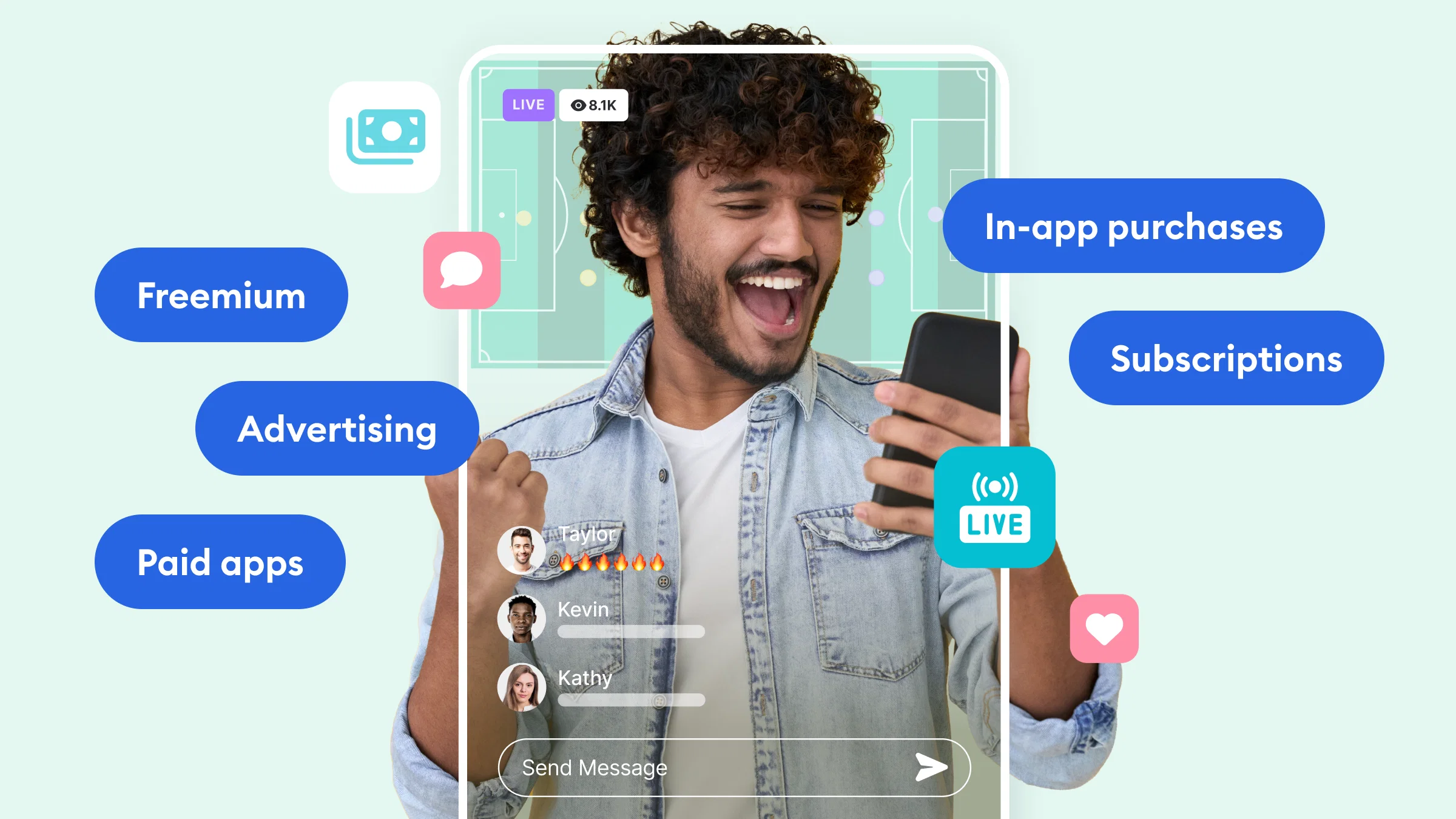 A person is watching a live video stream on a mobile phone, surrounded by floating chat bubbles, each representing a different app monetization method.