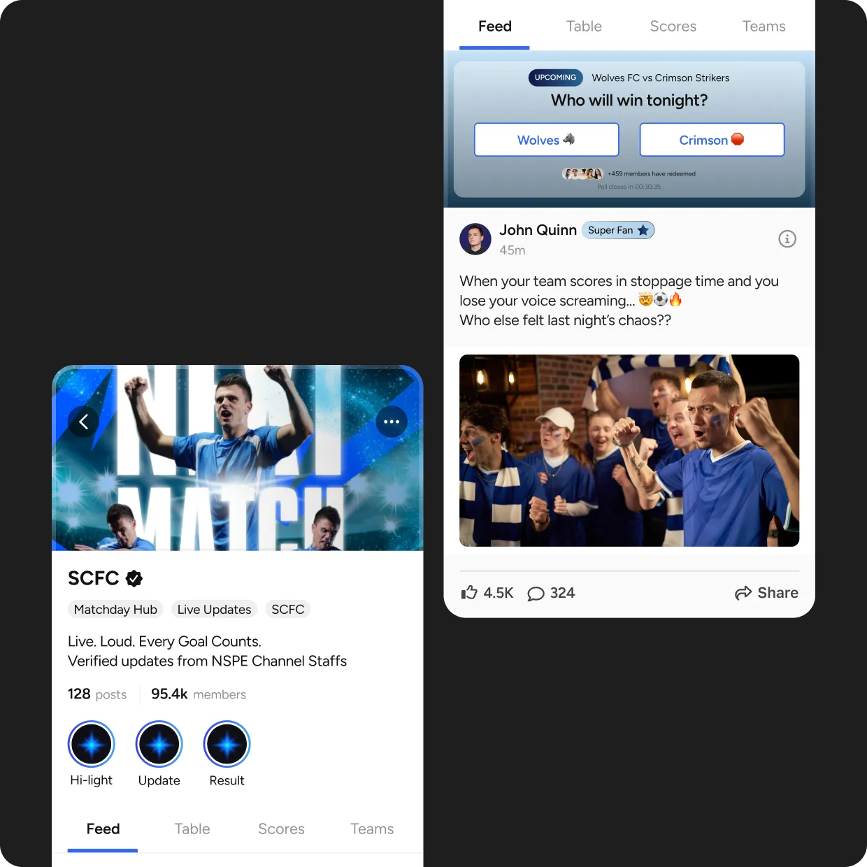 Private feeds for teams, clubs, or fan groups to share updates and moments.