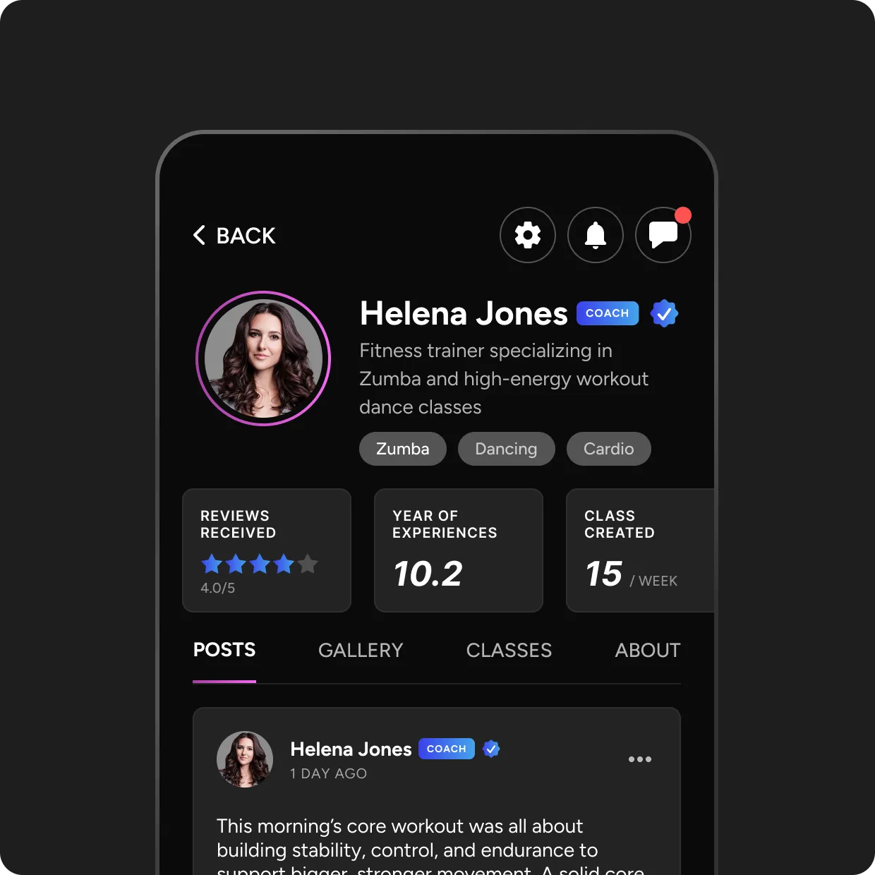 Professional profiles for trainers or experts sharing guidance, programs, and progress.