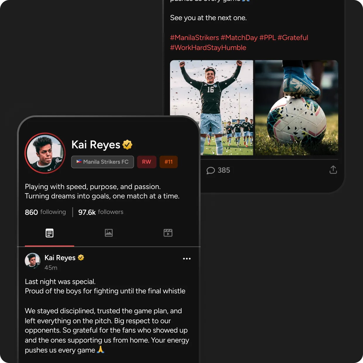 Fan-facing profiles for athletes featuring stats, updates, and community interaction.