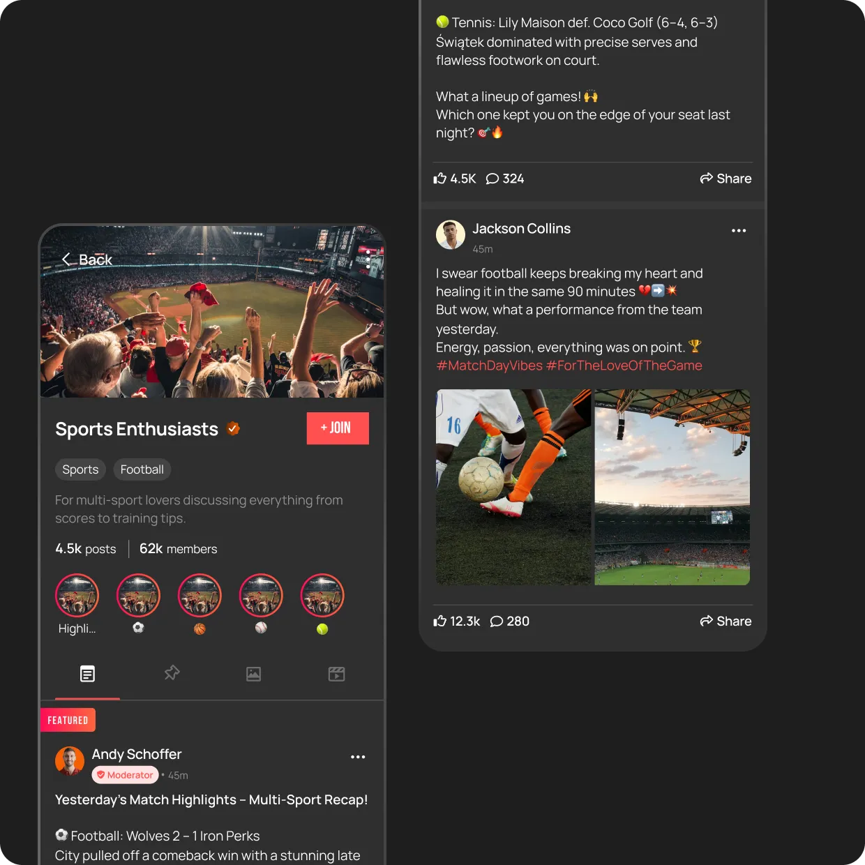Dedicated spaces for fans to connect, discuss teams or athletes, and celebrate moments together.