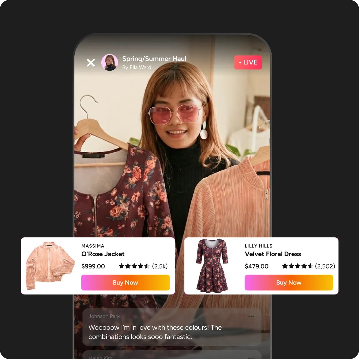 Live product demos with real-time questions and purchase prompts.