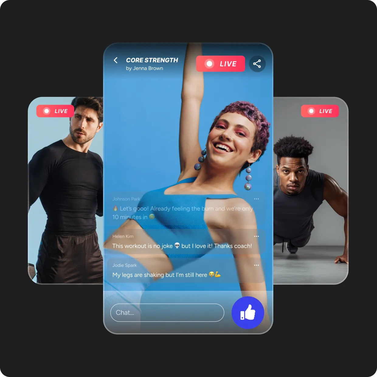 Trainers host live workout sessions with audience participation.