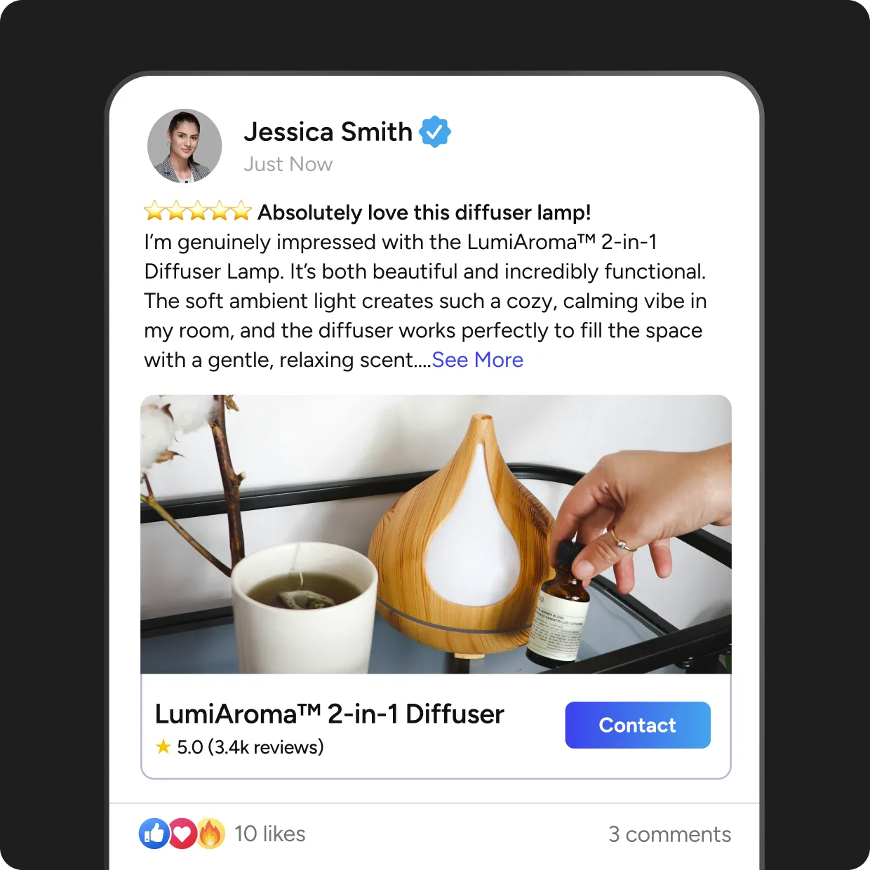 Structured reviews with ratings, pros, cons, and tagged products.