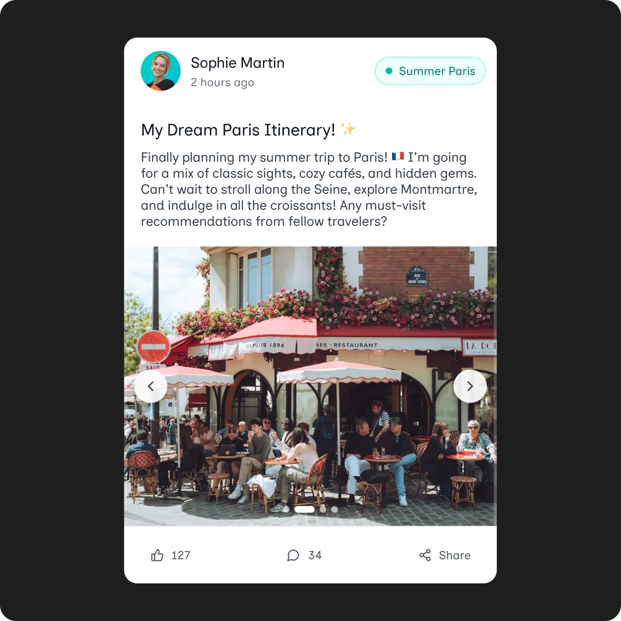 Travel entries with locations, photos, and highlights.